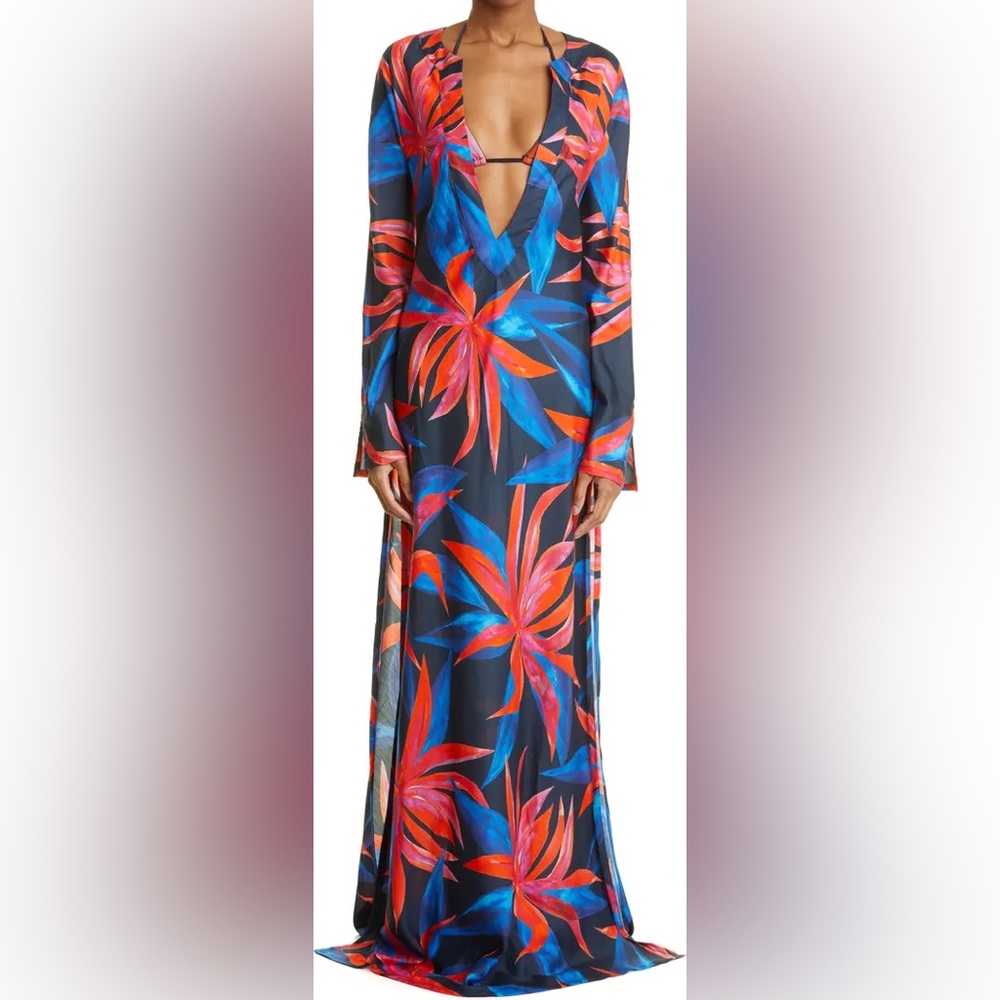 Louisa Ballou Floral Long-Sleeve Caftan and Bikini Set
